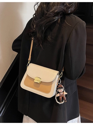 Women PU Leather Small Square Crossbody Bag Retro Gold Twist Lock Shoulder Bag With Pearl Cartoon Doll Pendant Elegant Satchel For Daily Work