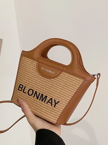Bolso de Cubo para Mujer de Paja Tejida y Cuero PU Empalme Bolso Bandolera De Mano Con Bordado De Letras Para Vacaciones Casual Moda Viaje