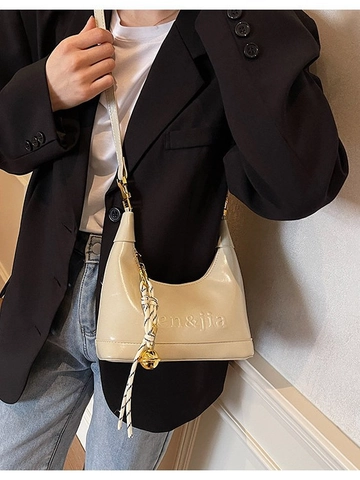 Bolso Hobo de Cuero PU Vintage para Mujer Minimalista Color Sólido Bolso de Mano Bandolera Con Colgante de Campana de Cuerda Trenzada Bolso Dumpling