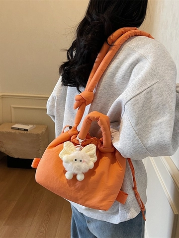 Puffy Padded Quilted Backpack For Women Korean Style Drawstring Bucket Bag With Plush Charm Nylon Lightweight Shoulder Bag