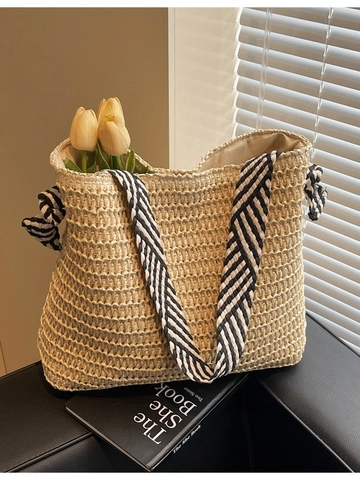 Bolso Tote de Paja Tejida para Mujer Gran Capacidad Bolso de Hombro de Playa de Verano Con Correa de Lazo a Rayas