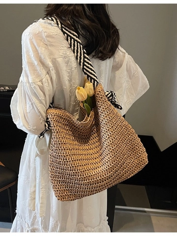 Bolso Tote de Paja Tejida para Mujer Gran Capacidad Bolso de Hombro de Playa de Verano Con Correa de Lazo a Rayas