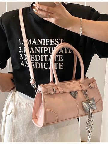 Bolso de Bandolera de Cuero PU para Mujer Vintage Bolso de Hombro Brillante Con Colgante de Lazo para Uso Diario Moda Bolso
