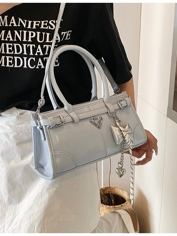 Bolso de Bandolera de Cuero PU para Mujer Vintage Bolso de Hombro Brillante Con Colgante de Lazo para Uso Diario Moda Bolso