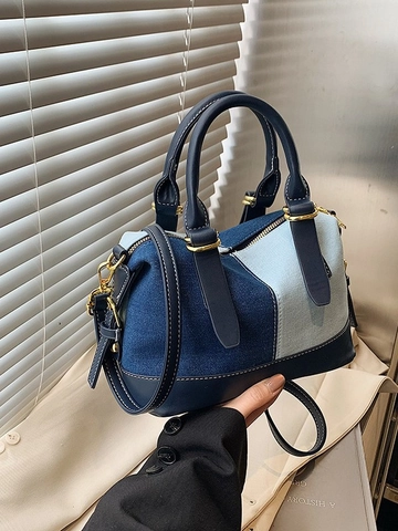 Dames Denim Patchwork Boston Tas Vintage Color Block Handtas Veelzijdige Schoudertas Crossbody Tas Met Gouden Hardware