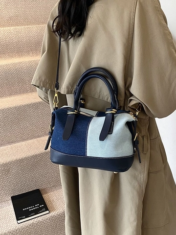 Dames Denim Patchwork Boston Tas Vintage Color Block Handtas Veelzijdige Schoudertas Crossbody Tas Met Gouden Hardware