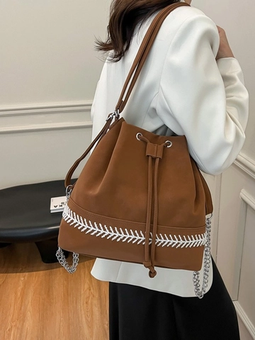 Zaino a Secchiello in Pelle PU Moda Donna Chiusura a Coulisse Ricamo di Grano Decorazione a Catena Borsa a Tracolla Casuale