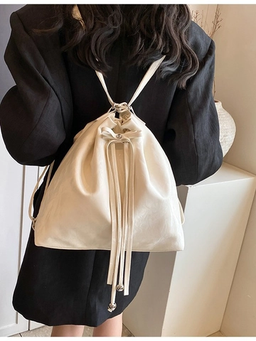 Bolso de Cubo de Cuero PU Arrugado de Moda Para Mujer Mochila Versátil con Cordón Bolso de Hombro con Cadena Lazo Decoración