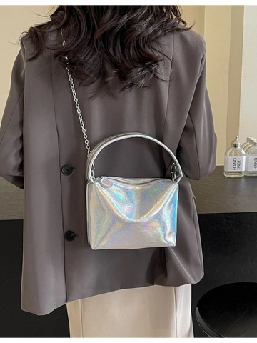 Mode Damen PU Leder Eimertasche Faltenoptik Kette Umhängetasche Metallisch Holografisch Silber Handtasche Täglich Party