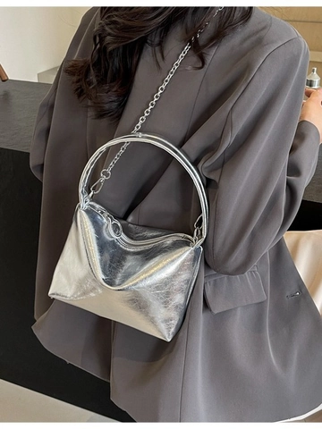 Mode Damen PU Leder Eimertasche Faltenoptik Kette Umhängetasche Metallisch Holografisch Silber Handtasche Täglich Party