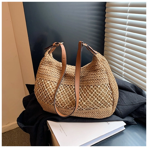 Borsa a Spalla in Paglia Intrecciata Minimalista da Donna Grande Capacità Tracolla in PU Hobo Bag Estiva per Spiaggia Vacanza