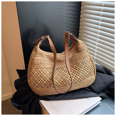 Borsa a Spalla in Paglia Intrecciata Minimalista da Donna Grande Capacità Tracolla in PU Hobo Bag Estiva per Spiaggia Vacanza