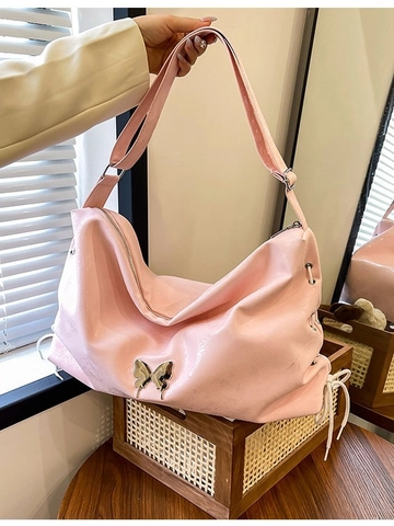 Women Large Capacity PU Leather Shoulder Bag Metal Butterfly Buckle Side Drawstring Adjustable Strap Slouchy Hobo Tote Bag