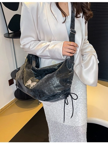 Women Large Capacity PU Leather Shoulder Bag Metal Butterfly Buckle Side Drawstring Adjustable Strap Slouchy Hobo Tote Bag