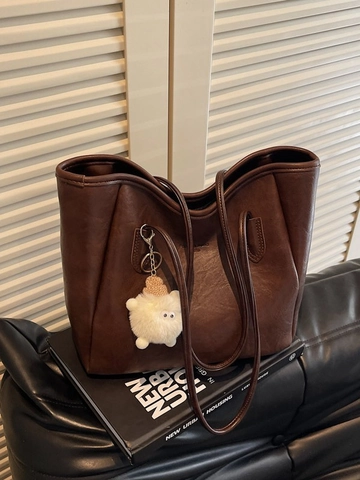 Große Kapazität Damen Tote Bag Minimalistisch PU Leder Schultertasche Für Pendeln Arbeit Freizeit Handtasche Mit Plüsch Anhänger