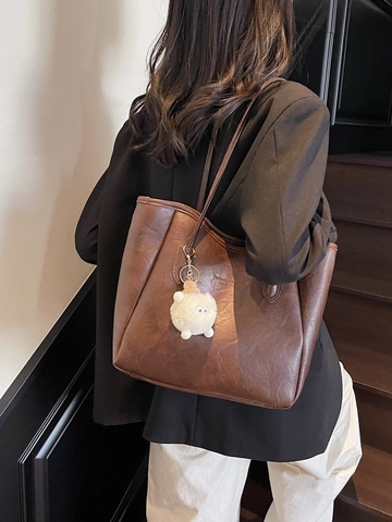 Große Kapazität Damen Tote Bag Minimalistisch PU Leder Schultertasche Für Pendeln Arbeit Freizeit Handtasche Mit Plüsch Anhänger