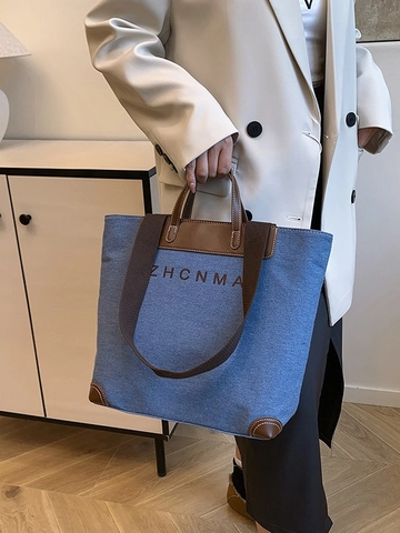 Damen Große Kapazität Segeltuch Tragetasche Retro Leder Spleißen Umhängetasche Mode Buchstaben Druck Täglich Pendeln Reise Handtasche