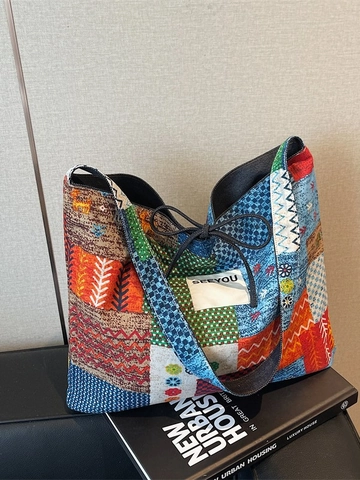 Borsa Tote in Tela Patchwork Etnico Boho Grande Capacità Borsa a Tracolla Pendolare Donna Casual con Stampa Floreale