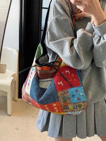 Borsa Tote in Tela Patchwork Etnico Boho Grande Capacità Borsa a Tracolla Pendolare Donna Casual con Stampa Floreale