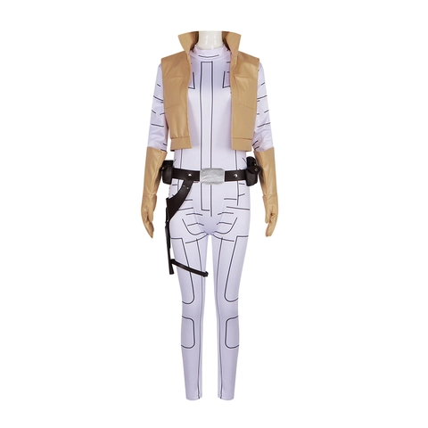 Damen Sci-Fi Cosplay Kostüm Set Weißer Geometrischer Overall Hellbraune Weste Gürtel Holster Handschuhe Halloween Party Outfit
