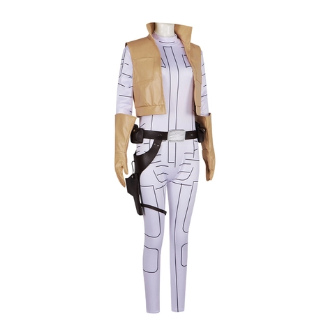 Damen Sci-Fi Cosplay Kostüm Set Weißer Geometrischer Overall Hellbraune Weste Gürtel Holster Handschuhe Halloween Party Outfit