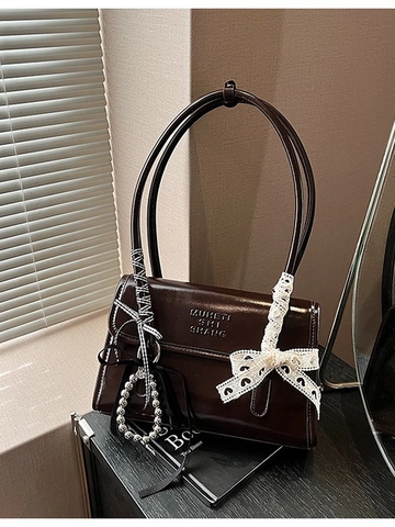 Women Large Capacity PU Leather Shoulder Bag With Lace Bow Ribbon Pendant Korean Style Square Underarm Bag Versatile Commuting Office Handbag