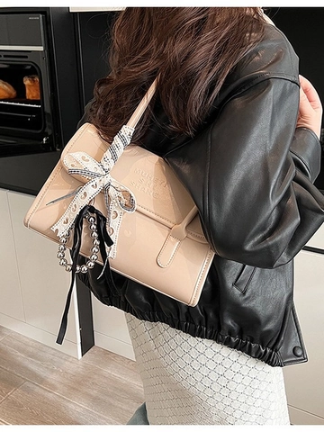 Women Large Capacity PU Leather Shoulder Bag With Lace Bow Ribbon Pendant Korean Style Square Underarm Bag Versatile Commuting Office Handbag