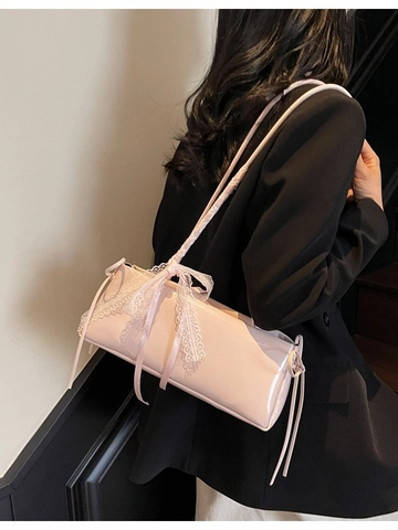 Damen PU Leder Schultertasche Große Kapazität Spitze Schleife Dekor Unterarm Baguette Tasche Einfache Süße Pendeln Handtasche