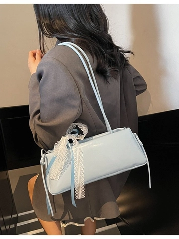 Damen PU Leder Schultertasche Große Kapazität Spitze Schleife Dekor Unterarm Baguette Tasche Einfache Süße Pendeln Handtasche