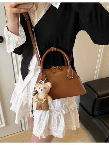 Fashion PU Leather Bowling Bag With Plush Bear Pendant Simple Stitched Shell Crossbody Shoulder Handbag For Women Daily Use