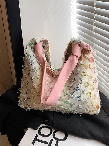 Gran Capacidad Denim Tablero de Ajedrez Bolso Tote Para Mujer Bordes Deshilachados Bloque de Color Bolso de Hombro Casual Hobo Viaje Bolso de Mano