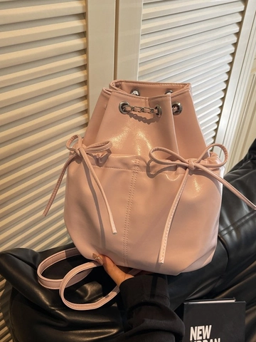 Damen Akademie-Stil Schleife Rucksack Mode PU-Leder Kordelzug Eimertasche Große Kapazität Mit Metallkette Schultergurt