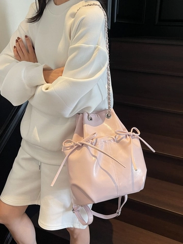 Damen Akademie-Stil Schleife Rucksack Mode PU-Leder Kordelzug Eimertasche Große Kapazität Mit Metallkette Schultergurt