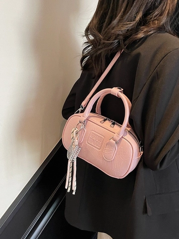 Sac Bowling Femme en Cuir PU Avec Pendentif Gaufrage de Lettres Sac Bandoulière Main pour Trajet Quotidien Style Urbain