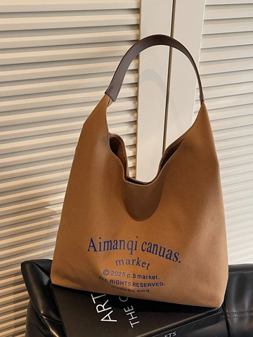 Women Large Capacity Canvas Tote Bag Casual Vintage Letter Print Shoulder Bag For Daily Commuting Simple Hobo Bag