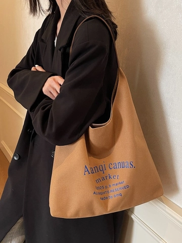 Women Large Capacity Canvas Tote Bag Casual Vintage Letter Print Shoulder Bag For Daily Commuting Simple Hobo Bag