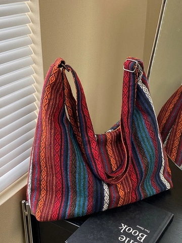 Bolso Tote Tejido con Rayas de Arcoíris de Estilo Étnico Retro Bohemio Patrón Geométrico de Gran Capacidad Bolso de Hombro Bandolera Mujer