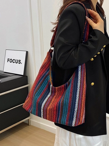 Bolso Tote Tejido con Rayas de Arcoíris de Estilo Étnico Retro Bohemio Patrón Geométrico de Gran Capacidad Bolso de Hombro Bandolera Mujer