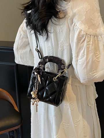 Quilted PU Leather Shoulder Bag For Women Mini Handbag With Silk Scarf And Artificial Pearl Bow Pendant Elegant Crossbody Bag
