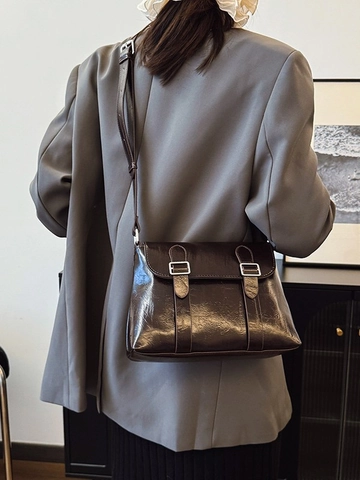 Vintage Women Glossy PU Leather Crossbody Bag Fashion Square Messenger Bag With Double Metal Buckles Shoulder Bag Daily Casual