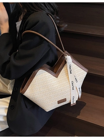 Borsa Tote in Paglia Intrecciata di Grande Capacità per Donna Estate di Nicchia con Scollo a V Borsa da Spiaggia a Tracolla con Finiture in Pelle