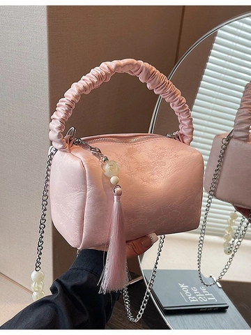 Damen Crossbody Tasche Mit Gerafftem Griff Blumenprägung PU Leder Kissentasche Mit Perlenkette Quastenanhänger Lässige Handtasche