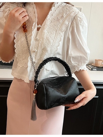 Damen Crossbody Tasche Mit Gerafftem Griff Blumenprägung PU Leder Kissentasche Mit Perlenkette Quastenanhänger Lässige Handtasche