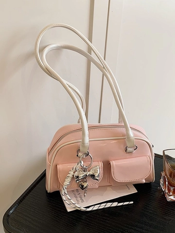 Bolso de Hombro Boston para Mujer en Cuero PU de Alto Brillo Con Doble Bolsillo Frontal Y Colgante de Lazo Plateado Bolso Retro Y2K