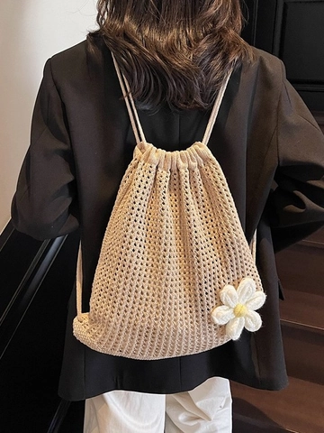 Women Woven Straw Backpack Crochet Daisy Floral Drawstring Bag Large Capacity Hollow Out Casual Seaside Beach Backpack