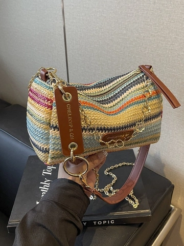 Women Summer Bohemian Straw Woven Crossbody Bag Multicolor Striped Pillow Shape Beach Vacation Handbag With Metal Chain