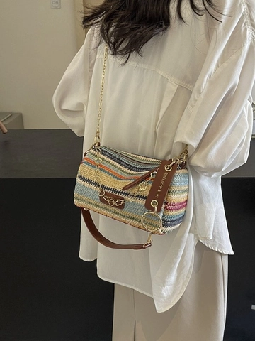 Women Summer Bohemian Straw Woven Crossbody Bag Multicolor Striped Pillow Shape Beach Vacation Handbag With Metal Chain