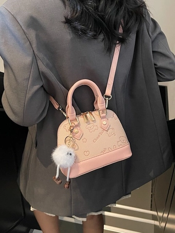 Damen Süß Cartoon Geprägt Muscheltasche PU Leder Crossbody Schultertasche Mit Monster Plüsch Anhänger Mode Kleine Handtasche