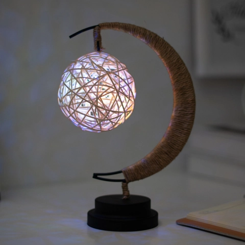 Handmade Moon Star LED Night Light Iron Art Hemp Rope Rattan Ball Decorative Table Lamp For Bedroom Valentine's Day Birthday Gift