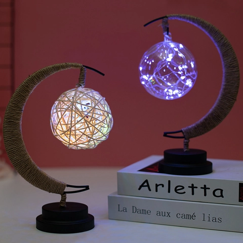 Handmade Moon Star LED Night Light Iron Art Hemp Rope Rattan Ball Decorative Table Lamp For Bedroom Valentine's Day Birthday Gift